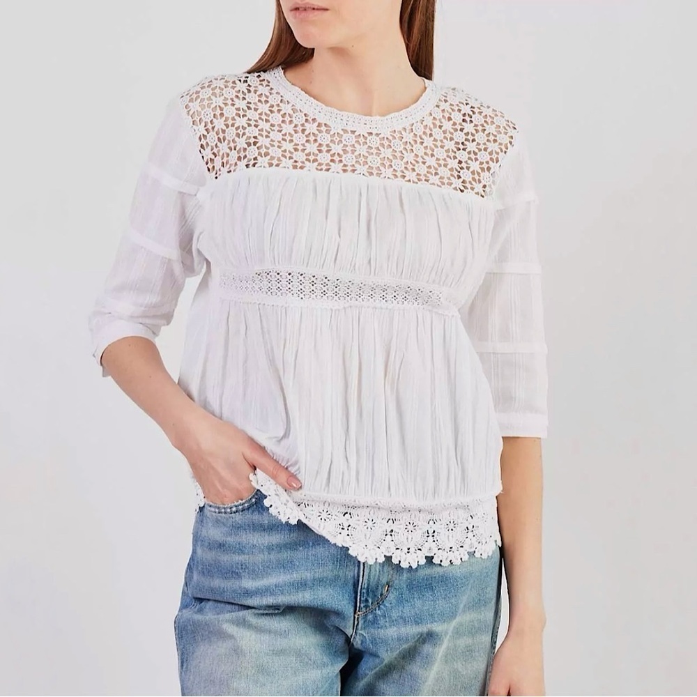 Maje Crochet Lace Yoke Button Back Cotton Top Ivory Small
